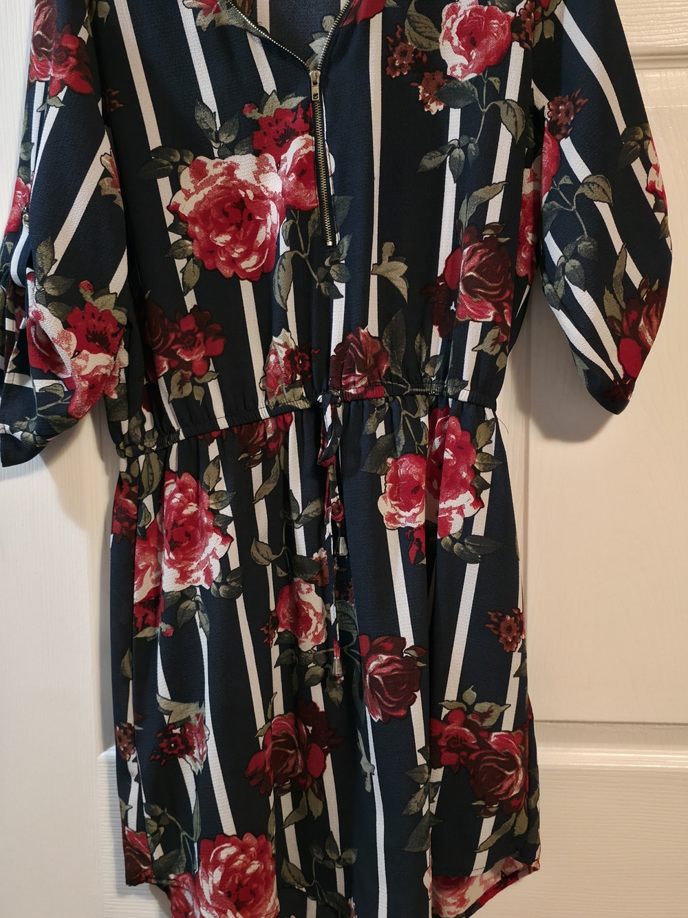4/$67 Deal! Stella Tweed Navy Floral Stripe Romper with Red Roses